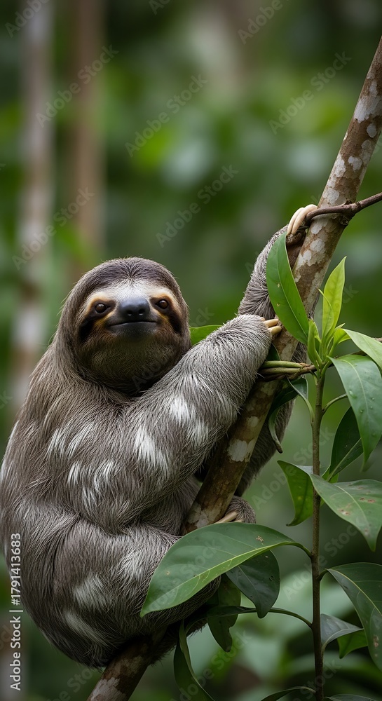 Naklejka premium Three-toed Sloth in the Rainforest - A Gentle Gaze.