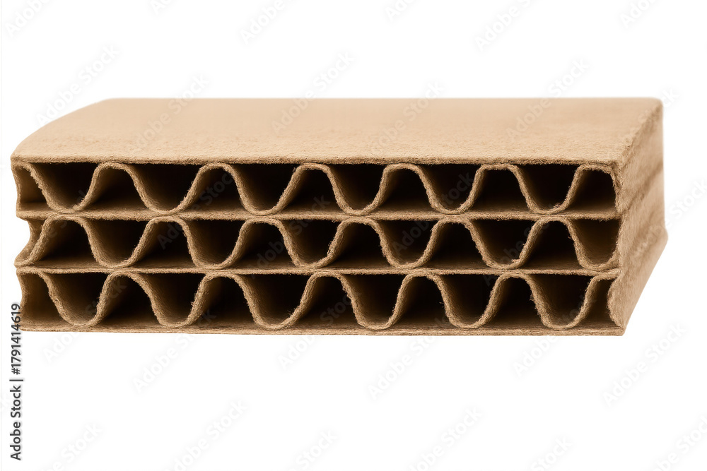 Obraz premium Cross section of brown corrugated cardboard material showing several layers and fluted sheets structure on transparent background
