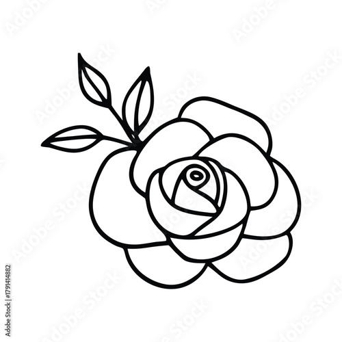 Minimalist line art illustration of a blooming rose with leaves