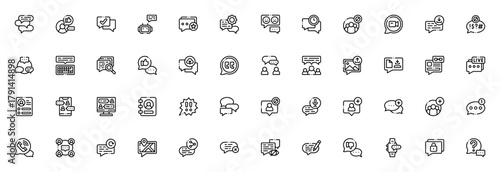 Chat icon set. Modern communication vector icons. Inludes chatting, social meda, chatbot, video chat, emji, settings, notification call, share and more. Ediable stroke.