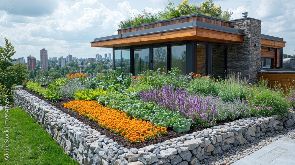 Obraz premium Rooftop garden with vibrant flowers and vegetables, modern home in background.