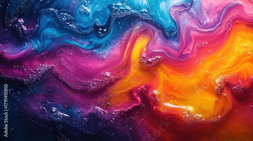 Vibrant abstract paint swirls in blue, pink, orange, and purple.