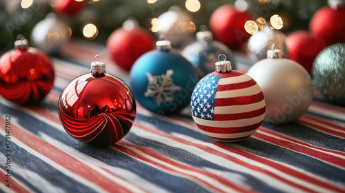 Patriotic Christmas ornaments on a striped tablecloth