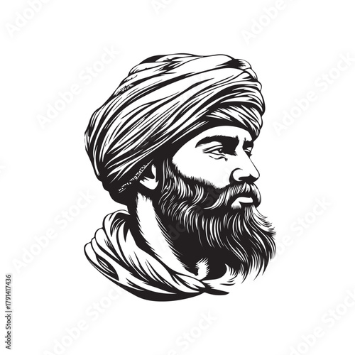 Vector sketch of a man's head wearing a turban with simple line style and expressive details.