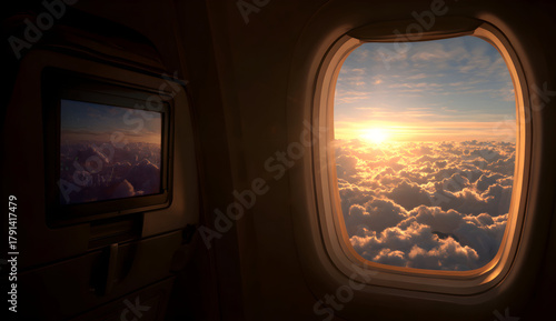Airplane window frames a breathtaking sunset over fluffy clouds during a flight, creating a serene and peaceful atmosphere.