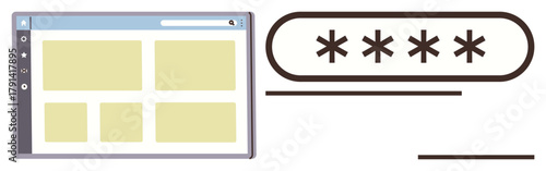 Web browser window beside password entry form with asterisks indicating concealed text. Ideal for cybersecurity, authentication, web technology, privacy, user interface, digital identity, simple flat