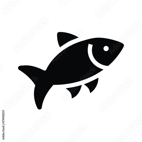 A simple black silhouette of a fish swimming to the right side view