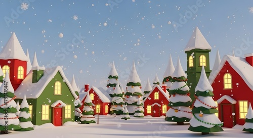 Cute 3D rendered winter Christmas village landscape with snowy houses and pine trees under falling snow