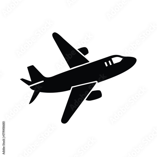A black silhouette of an airplane flying against a white background