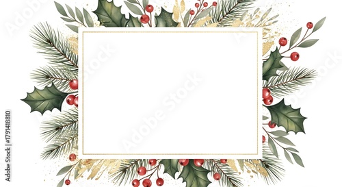 Watercolor botanical Christmas frame set with holly, pine needles, red berries, and gold accents on a white background