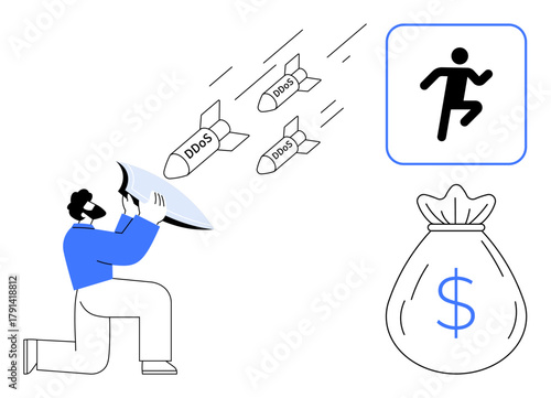 Man using a shield to deflect incoming DDoS missiles, icon of person running, and money bag. Ideal for cybersecurity, financial safety, digital protection, risk management, internet threats