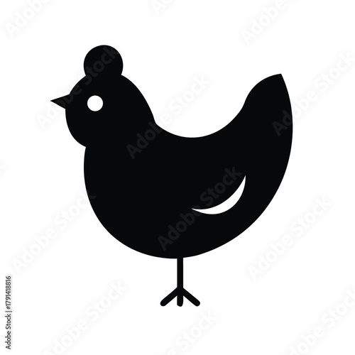 A simple black silhouette of a chicken standing against a white background