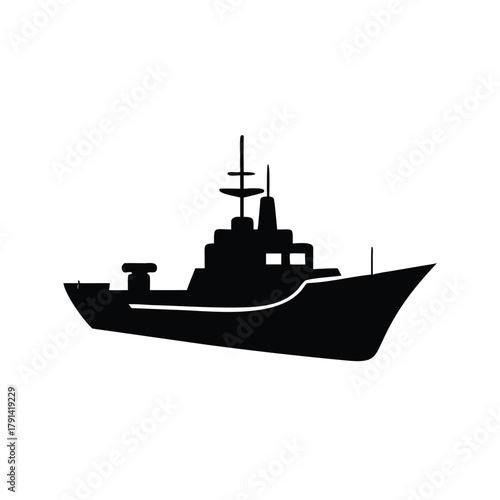 A silhouette of a naval ship with a visible mast and distinct deck structures
