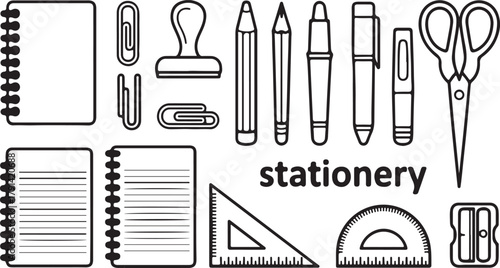 Black and White Line Art Stationery and Office Supplies Collection notebook paper
