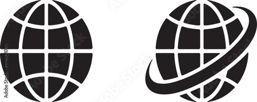 Black Globe Icons Set With and Without Orbiting Swirls Keywords: globe, world, earth, planet, map, navigation