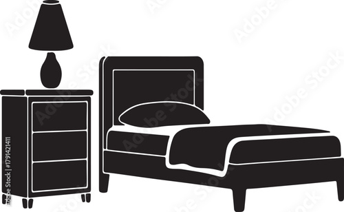 Black silhouette of a single bed with a nightstand and lamp bedside table