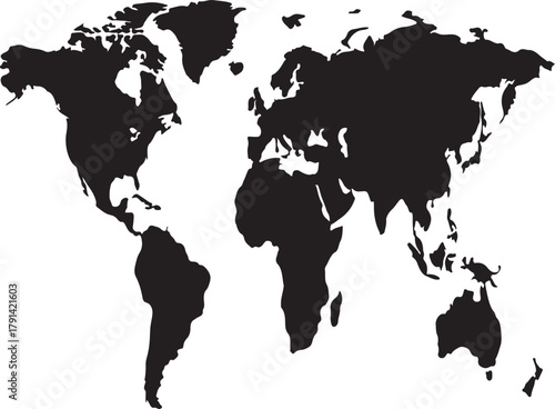Black Silhouette World Map Continents Outline on White Background globe earth