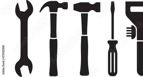 Black Silhouettes of Assorted Hand Tools on White Background wrench hammer