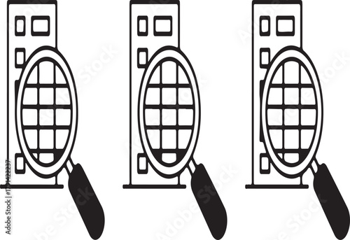 Building Search Magnifying Glass Icons in Black and White Set Keywords: building, house, office, apartment, real