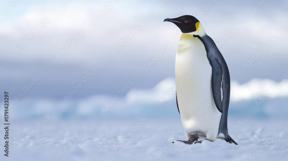 Naklejka premium A single emperor penguin, aptenodytes forsteri, standing tall on a vast snow and ice expanse, looking into the distance