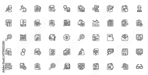 Audit icon set. Business vector icons pack. Includessymbols for insurance, law tax, report, money, calcuator, contract, finances ad more. Editable stroke.