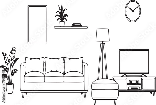 Living room interior line art with sofa plants and television Keywords: living room, interior, sofa, couch
