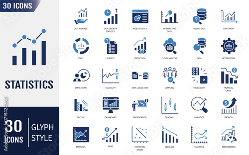Statistics icon set. Containing icons: data, web statistics, survey, prediction, presentation, cloud analysis pie chart, and more. Vector illustration