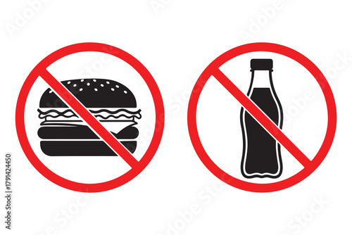 Two red prohibition signs showing a hamburger and a soda bottle isolated on white background