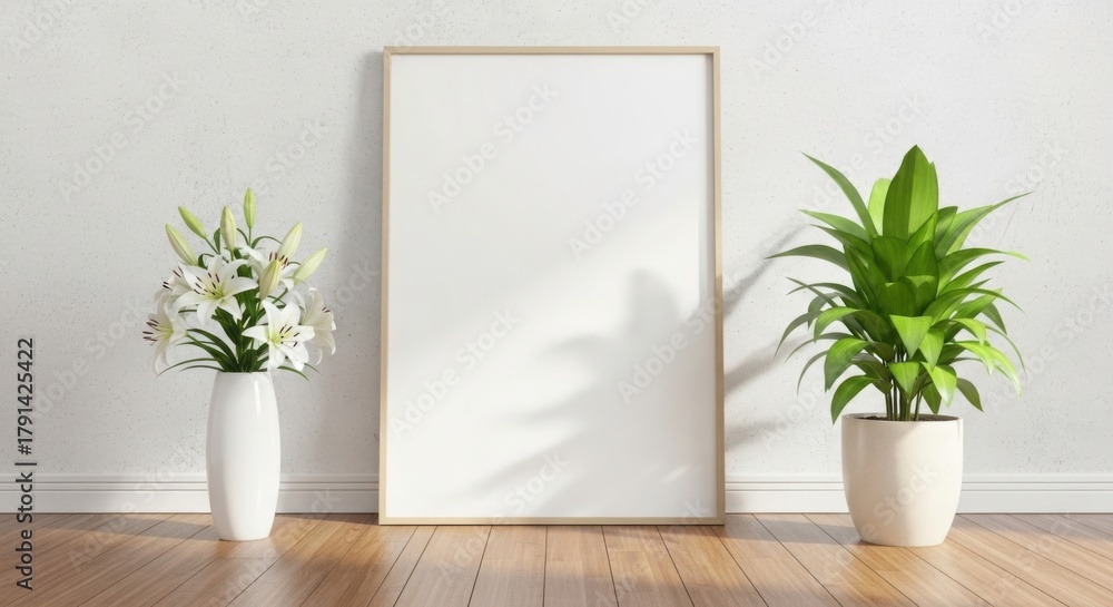 Fototapeta premium Empty white frame with plants decorating a wooden surface by a wall