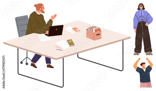 Man working at desk, talking, with laptop, folders, and documents. Two colleagues standing nearby, engaging in conversation and gesturing. Ideal for teamwork, communication collaboration office