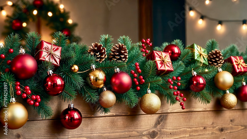 Festive holiday decorations with ornaments, gifts, and pinecones displayed on a wooden surface