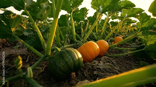 Pumpkins Growing in a Field Under the Morning Sunlight