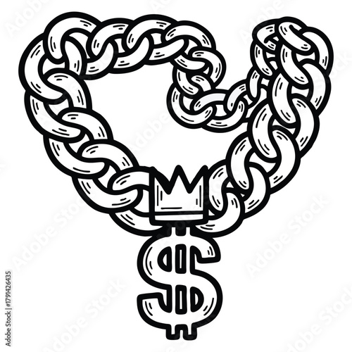 Bold chain with dollar sign and crown symbolizes wealth and success concept