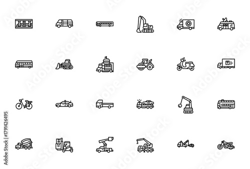 City vehicle icon set. Vector transportation icons pck. Includes subway, van, chool bus, ambulance, scooer, delivery truck, policecar, bulldozer, tractor an more.