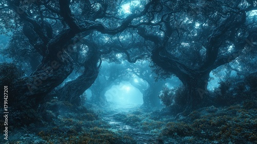 Enchanting moonlit path through a mystical forest with ancient, gnarled trees and a hazy atmosphere.