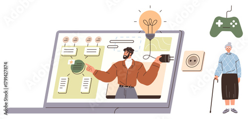 Laptop screen with teacher explaining connected by a plug, a bulb symbolizing ideas. Elderly woman, game controller, and power outlet highlight education, technology, and interaction. Ideal
