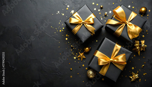 黒背景。金と黒のプレゼント。紙吹雪。ブラックフライデーのイメージ。Black background. Gold and black gifts. Confetti. Black Friday image.