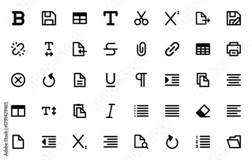 Text Editor icon set. Minimal vector icons pack. Incudes symbols for Bold, Sav, Table, Font, Scissors, Sperscript, Export, Print, ink, Copy, Paste, Italic, ndo, Redo, File, Folder an more.