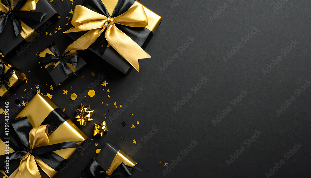 Obraz premium 黒背景。金と黒のプレゼント。紙吹雪。ブラックフライデーのイメージ。Black background. Gold and black gifts. Confetti. Black Friday image.