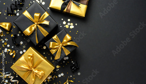 黒背景。金と黒のプレゼント。紙吹雪。ブラックフライデーのイメージ。Black background. Gold and black gifts. Confetti. Black Friday image.