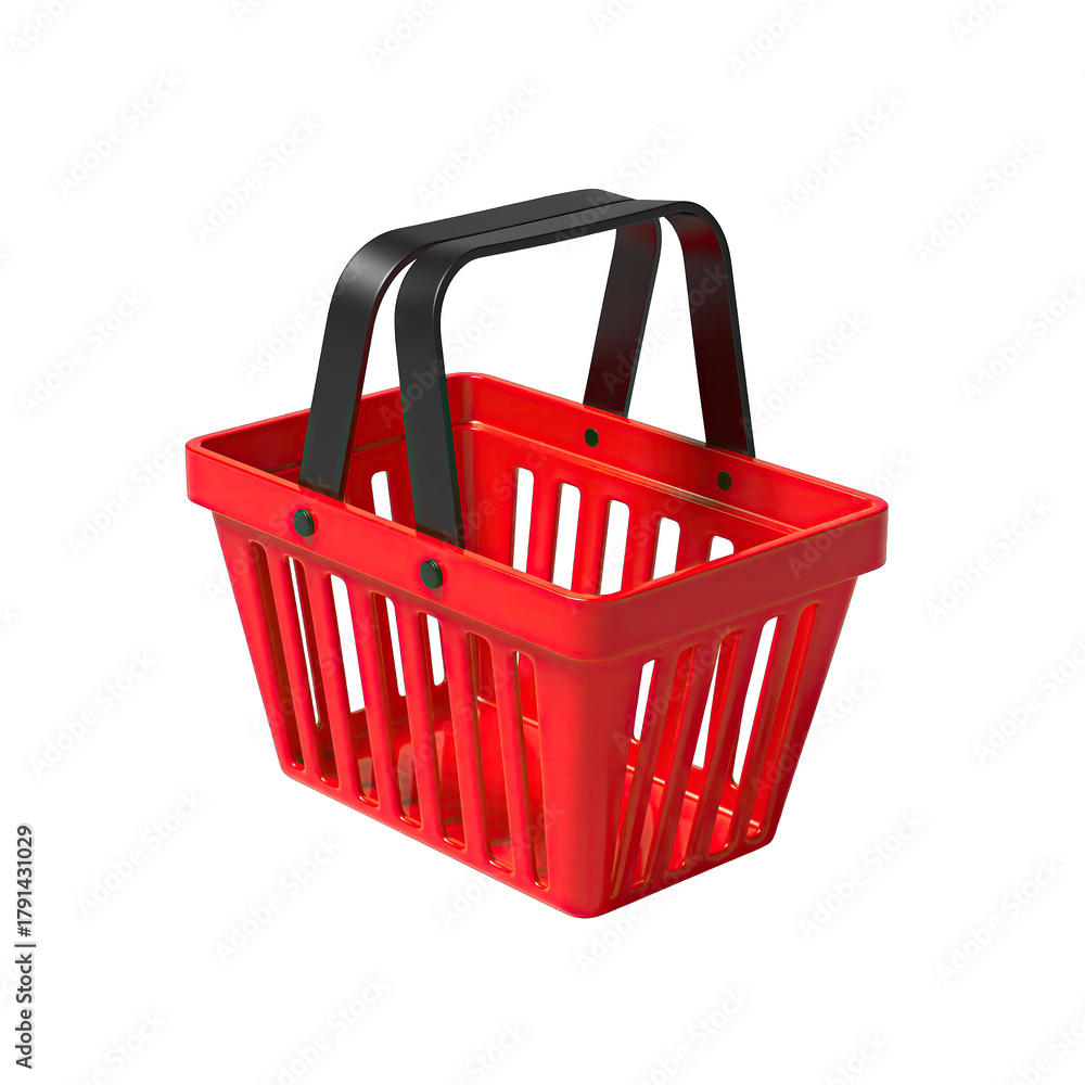 Fototapeta premium A Bright Red 3D Rendered Shopping Basket with Black Handles and a Transparent Background for E-commerce and Retail Concepts