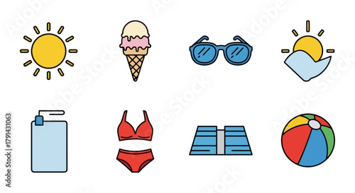 Summer vacation items including ice cream sunglasses swimsuit and towel