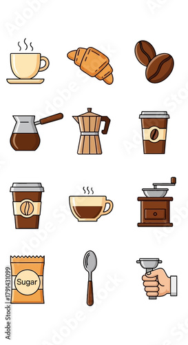 Coffee drink icons including cup maker grinder and pot
