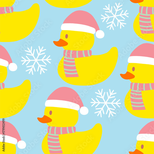 bath duck Yellow duck rubber seamless pattern christmas santa claus hat and striped scarf with snowflake on blue background.