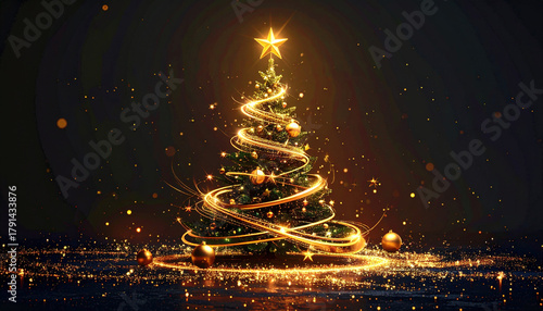 Festive Christmas tree with golden swirls, sparkling star ornaments on a dark background. AI