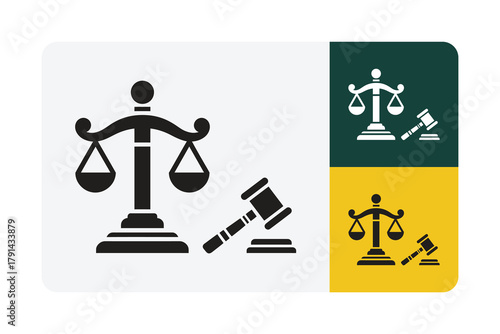 Symbolic scales of justice and gavel represent legal judgment, fairness, and courtroom decisions in clear, modern icons
