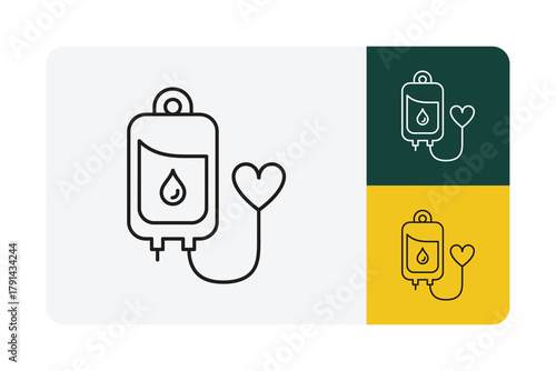 Vital blood bag icon with heart signifies life saving donation and health care support, symbolizing compassion and medical assistance