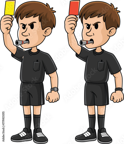 Cartoon football referee showing yellow and red cards, soccer official with whistle, sports penalty concept vector illustration isolated on white