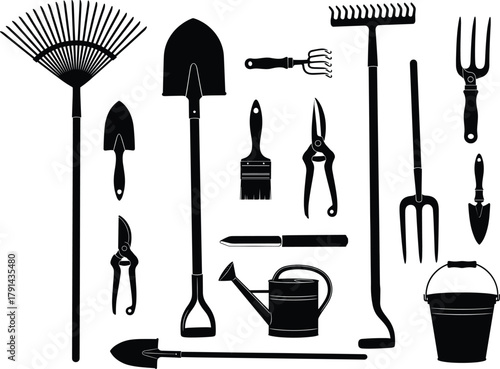 Garden tools set silhouette collection with shovel, rake, watering can, scissors, bucket, and trowel, black vector illustration for gardening design