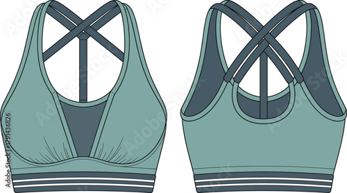 Women’s sports bra design, activewear top front and back view, fitness clothing, vector illustration, CAD drawing, workout apparel, flat fashion template